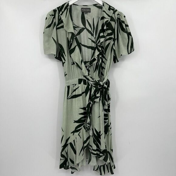 Michael Stars Paradiso Palms Wrap Tropical Green Dress Short Sleeves Size Small - Picture 2 of 10